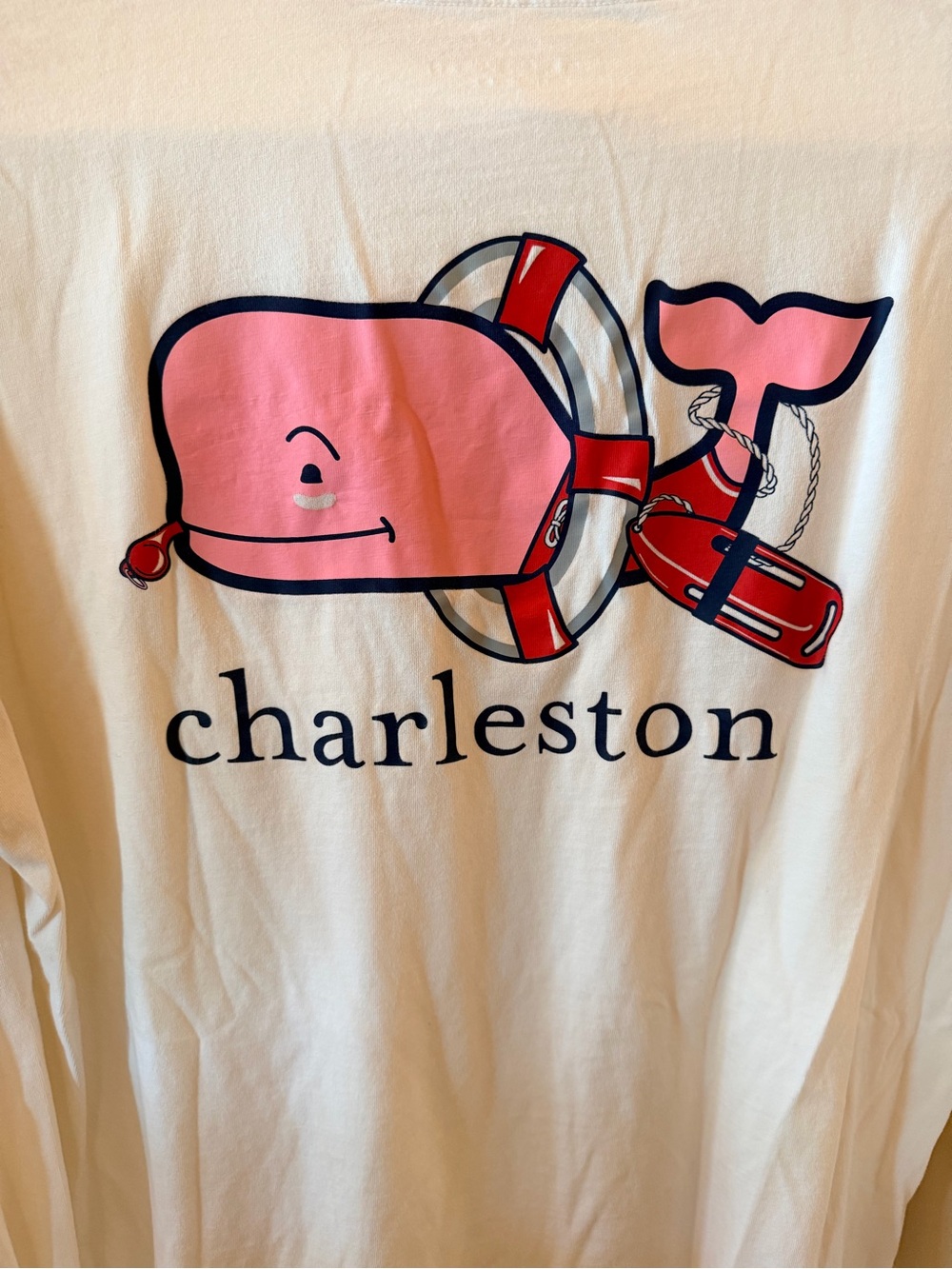 Vineyard Vines Cream Long Sleeve Tee with Pink Whale & Navy Accents
